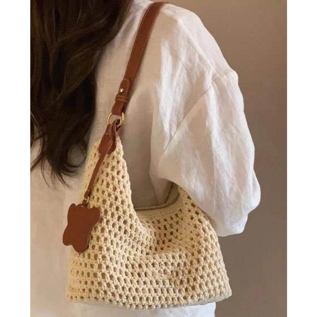 New Korean Crochet Cotton Rope Bag for Women – Handmade with Tassel Charm | Compact Crossbody Bag in 18x26cm Size One-Sake.com white off khaki white off-khaki-