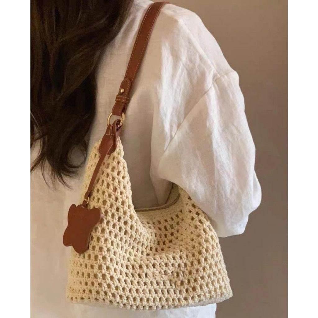 New Korean Crochet Cotton Rope Bag for Women – Compact 18x26cm Crossbody with Tassel Charm