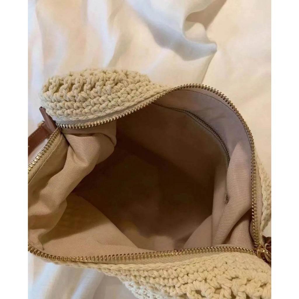New Korean Crochet Cotton Rope Bag for Women – Handmade with Tassel Charm | Compact Crossbody Bag in 18x26cm Size One-Sake.com white off khaki white off-khaki-