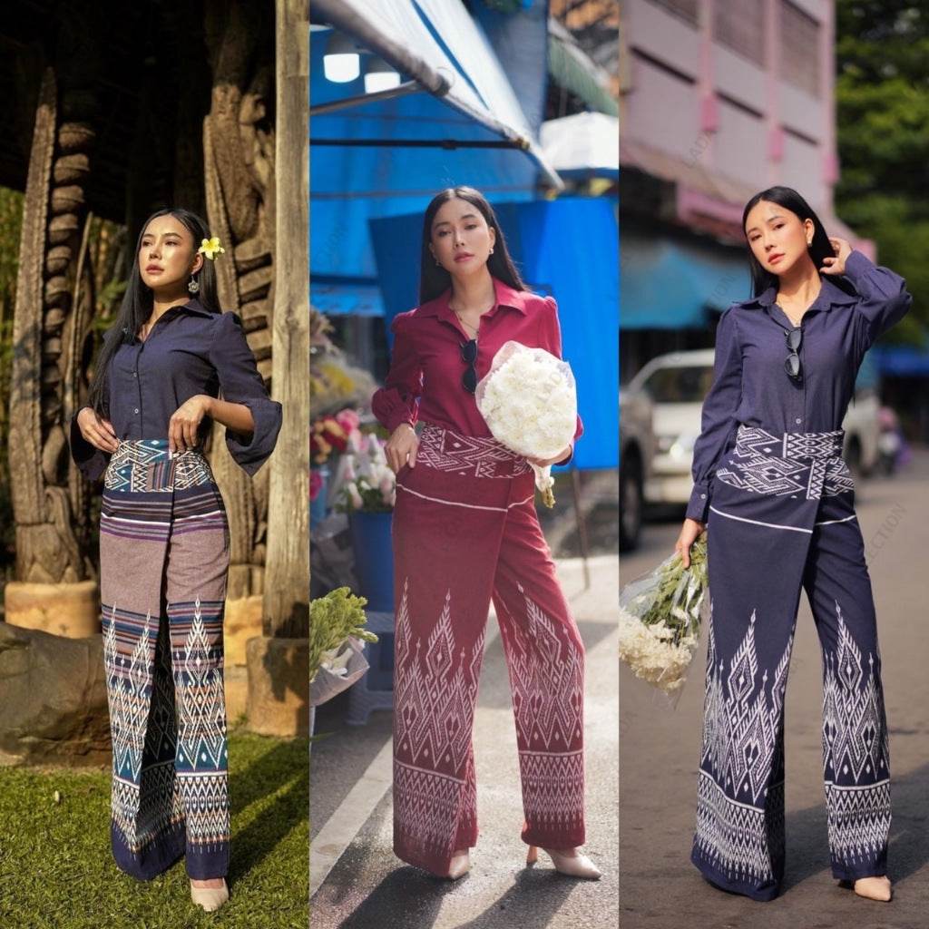 New Lisa Print Cotton Set – Long Sleeve Shirt &amp; Wide-Leg Pants in 3 Colors | S–XL Sizes for Women One-Sake.com กรม / L กรม / S กรม / M กรม / S-กรม / M-กรม / L-กรม / XL-แดง / S-แดง / M-แดง / L-แดง / XL-ม่วง / S-ม่วง / M-ม่วง / L-ม่วง / XL-