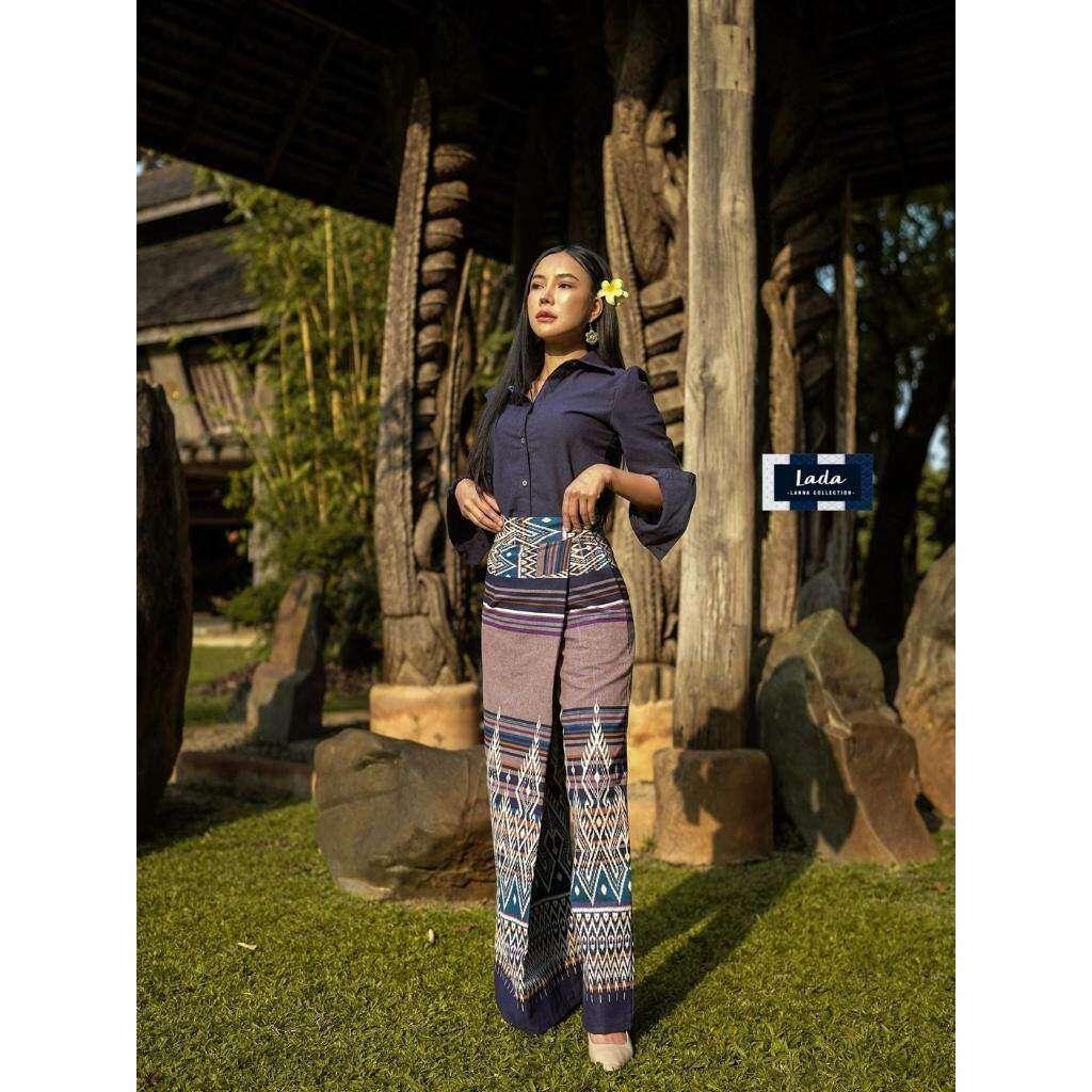 New Lisa Print Cotton Set - Long Sleeve Shirt & Wide-Leg Pants in 3 Colors | Women’s S–XL Sizes Available ม่วง