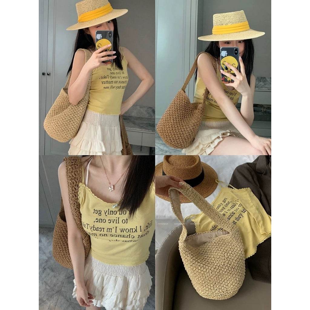 New Korean Style Handwoven Shoulder Bag – Compact Cotton Rope Tote with 35cm Strap | 28cm Width Woven Basket Bag for Daily Wear One-Sake.com สีกากี สีขาวนวล สีกากี-สีขาวนวล-