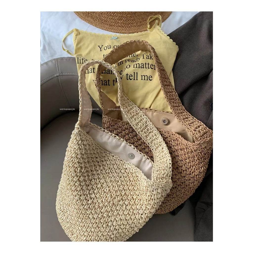 New Korean Style Handwoven Shoulder Bag – Compact Cotton Rope Tote with 35cm Strap | 28cm Width Woven Basket Bag for Daily Wear One-Sake.com สีกากี สีขาวนวล สีกากี-สีขาวนวล-