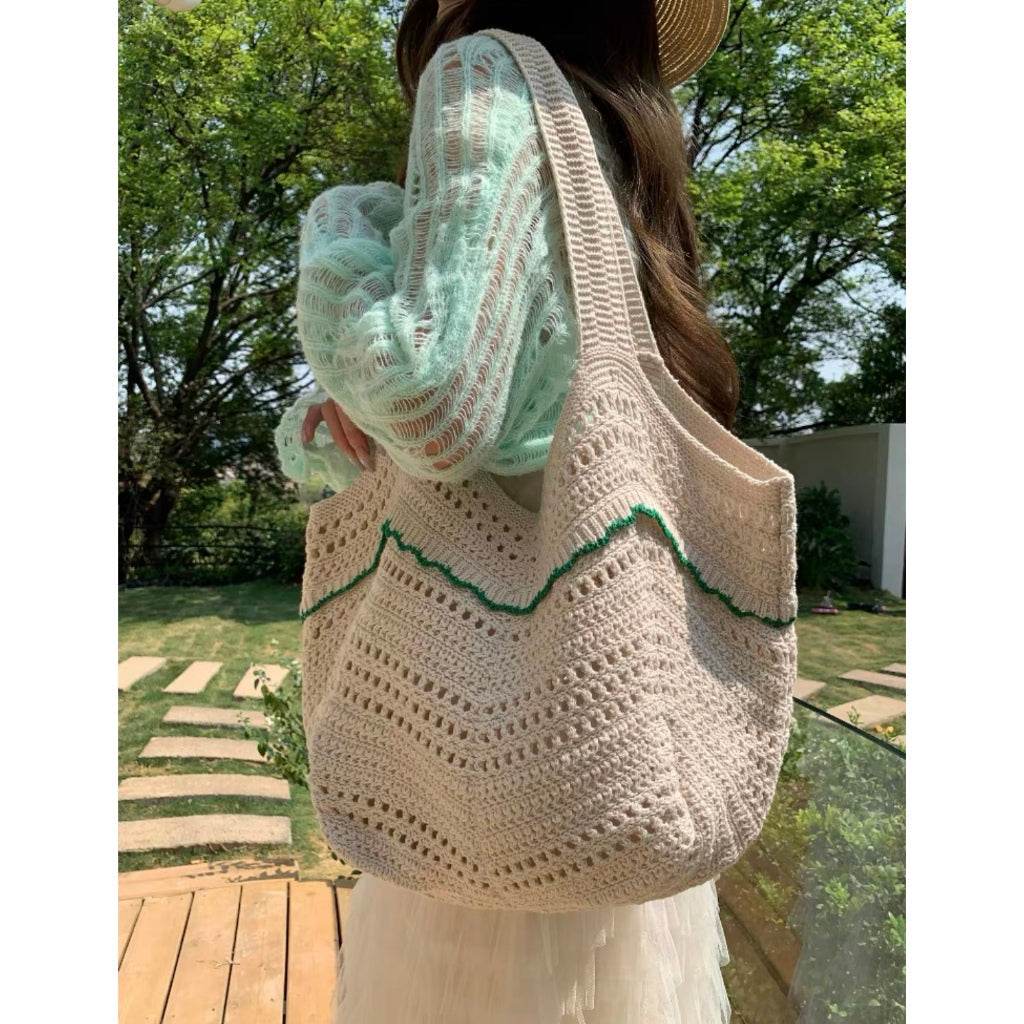 New Korean Style Crochet Shoulder Bag – Large Handmade Cotton Rope Tote | 33cm x 28cm with 58cm Strap One-Sake.com black green red green-red-black-