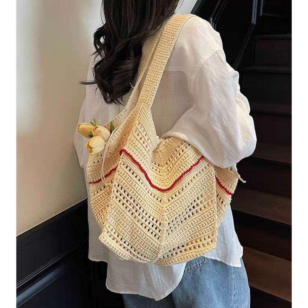 New Korean Style Crochet Shoulder Bag – Large Handmade Cotton Rope Tote | 33cm x 28cm with 58cm Strap One-Sake.com black green red green-red-black-