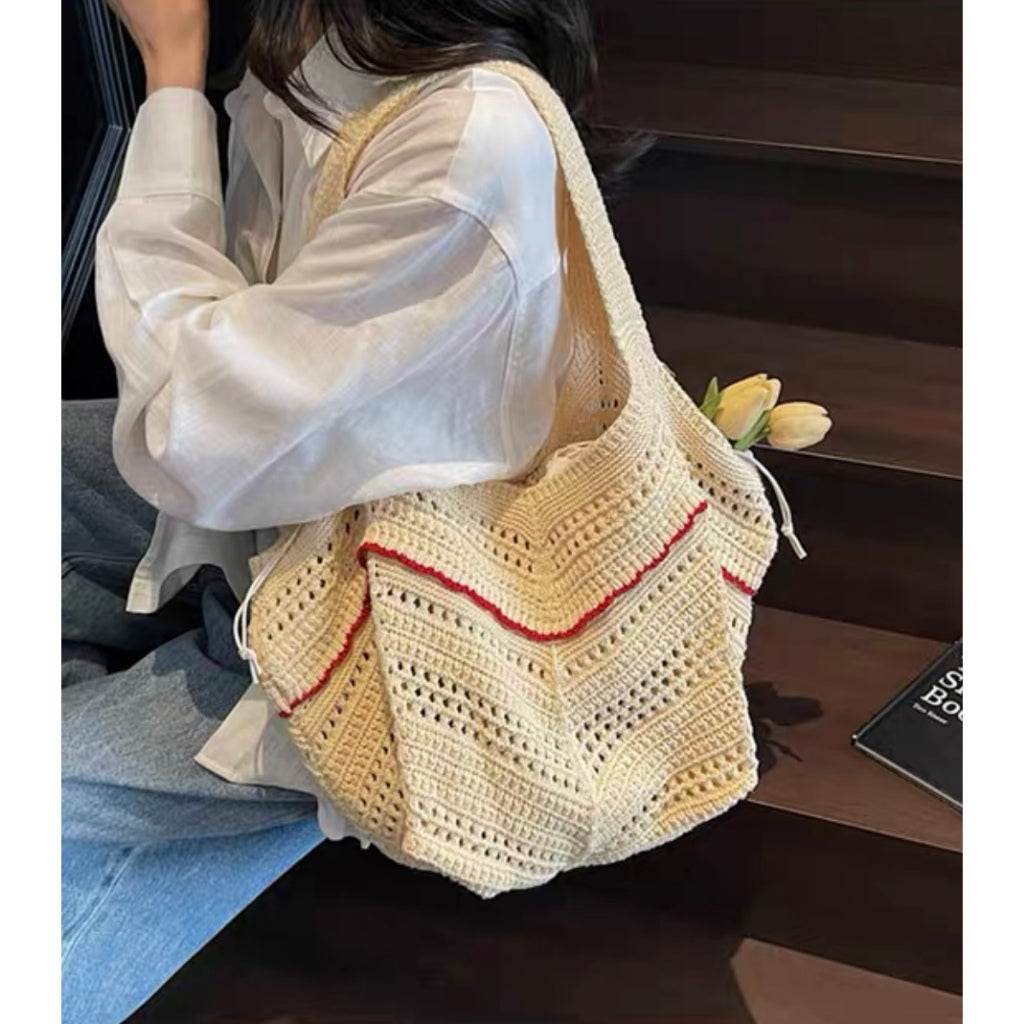 New Korean Style Crochet Shoulder Bag – Large Handmade Cotton Rope Tote | 33cm x 28cm with 58cm Strap One-Sake.com black green red green-red-black-