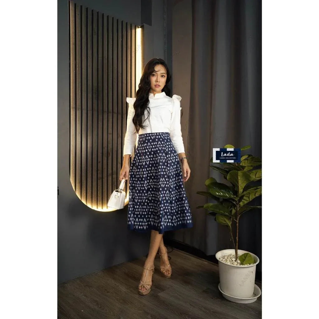 Thai Wing Sleeve Blouse Skirt Set in Navy & White Temple Print | Women's Cotton Outfit with 10-Piece Floral Skirt