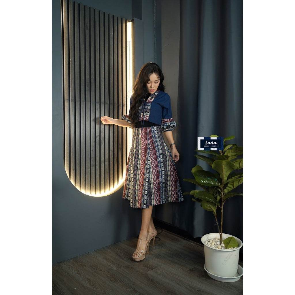 New Woven Wrap Top &amp; 6-Piece Checkerboard Skirt Set – Navy Blue | Ethnic Cotton Outfit for Women in S–XL Sizes One-Sake.com L S M S-M-L-XL-