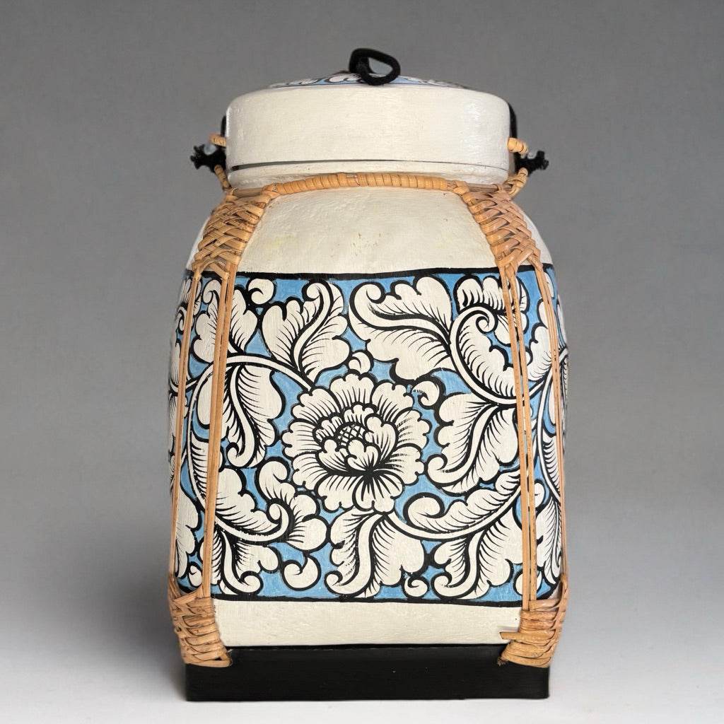 One-Sake.com handmade Thai decorative tray with intricate floral design and woven rattan frame