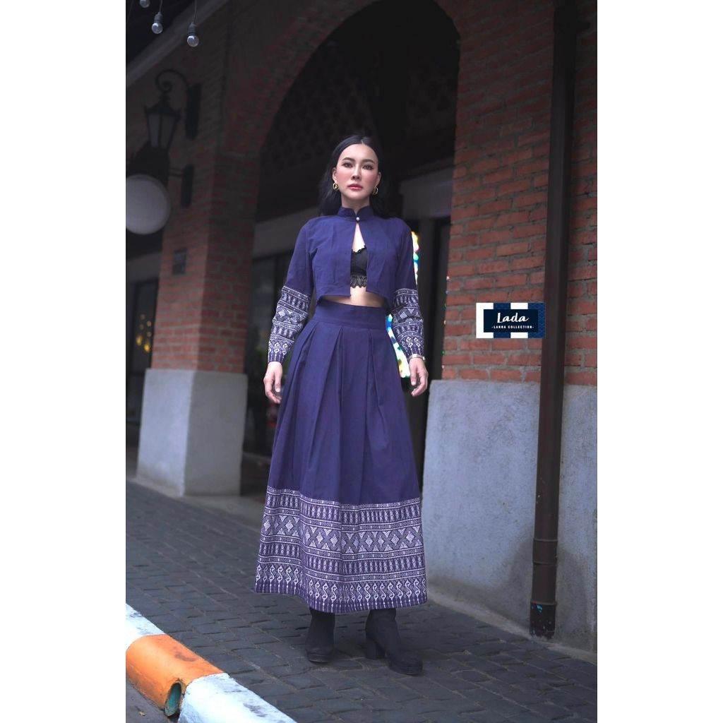 New Arrival Mandarin Collar Wrap Top Set and Pleated Skirt in Cotton with Khor Pattern for Modest Fashion Enthusiasts