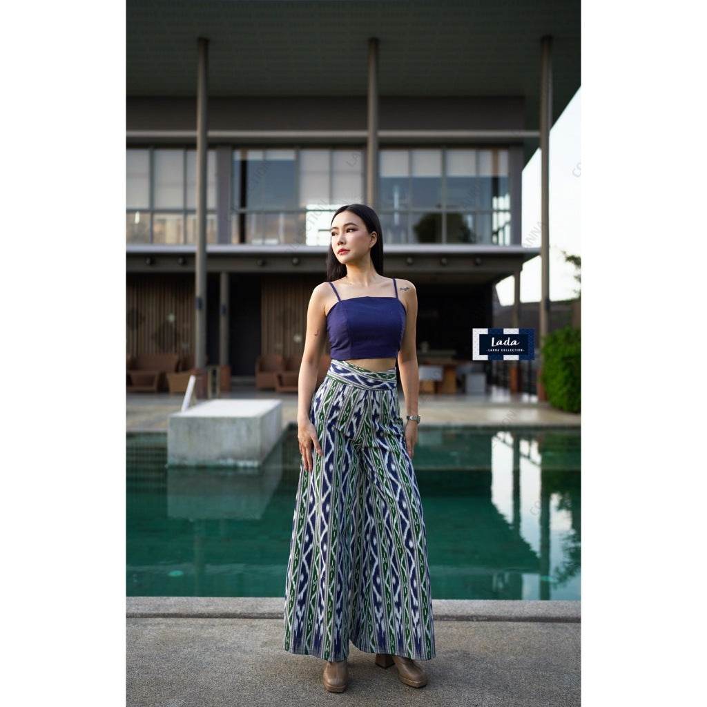 New Mi Kan Pattern Wide-Leg High-Waisted Pants – 39” Length in Waist 26–32” | Ethnic Cotton Pants for Women One-Sake.com L S M S-M-L-XL-