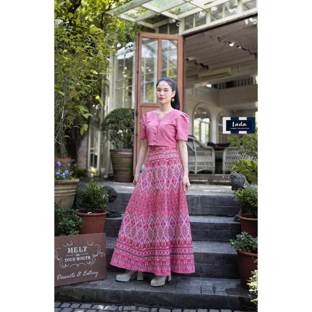 V-Neck Pleated Skirt Set - 6-Piece Cotton Outfit with Praewa Phan Mahaa Pattern in Pink, Red & Purple for Women S–XL