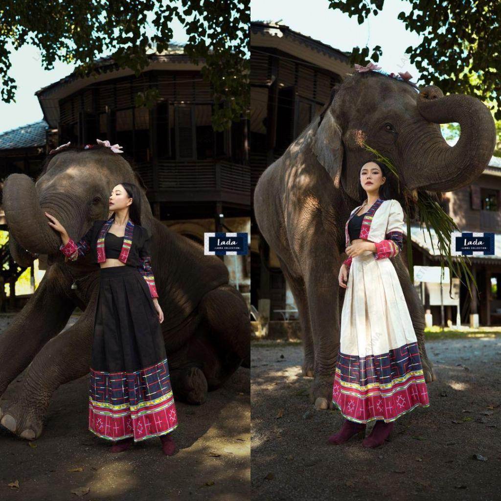 Vietnamese Hmong Print Polyester Wrap Top &amp; Cotton Skirt Set – Cream &amp; Black | S–XL Sizes for Women One-Sake.com ครีม / L ครีม / S ครีม / M ครีม / S-ครีม / M-ครีม / L-ครีม / XL-ดำ / S-ดำ / M-ดำ / L-ดำ / XL-
