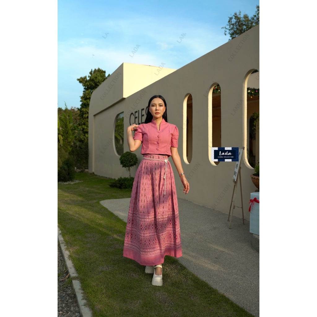 New Pink Piku Flower Print Skirt with 2 Top Styles – Cotton 2-Piece Set | S–XL Sizes for Women One-Sake.com คอปีนแขนสั้น / L คอปีนแขนสั้น / S คอปีนแขนสั้น / M คอปีนแขนสั้น / S-คอปีนแขนสั้น / M-คอปีนแขนสั้น / L-คอปีนแขนสั้น / XL-ครอปจิตรลดาระบายเล็ก / S-ครอปจิตรลดาระบายเล็ก / M-ครอปจิตรลดาระบายเล็ก / L-ครอปจิตรลดาระบายเล็ก / XL-