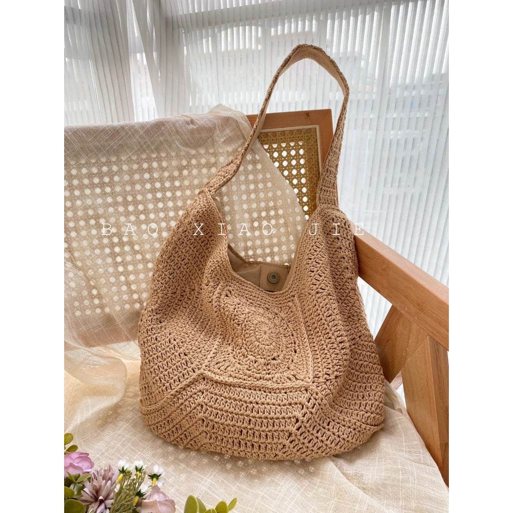 Handwoven Cotton Tote Bag for Women – Eco-Friendly Natural Fiber Shoulder Bag | 27cm x 38cm with Adjustable Strap One-Sake.com khaki white off khaki-white off-