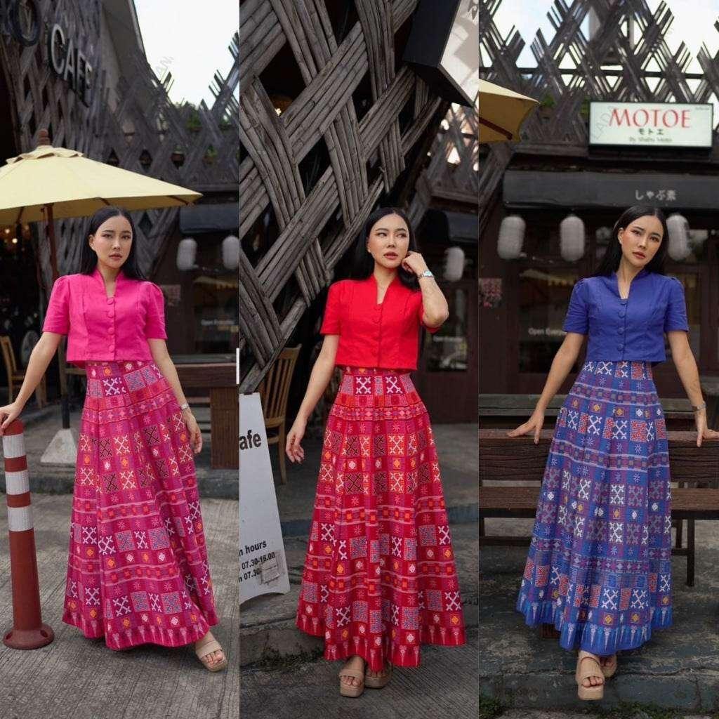 New Hmong-Inspired Cotton 2-Piece Set: Collar Short Sleeve Top & 6-Piece Pleated Skirt in Navy, Lilac & Red | Women’s Sizes S–XL
