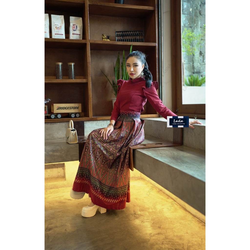New Ancient Betel Nut Pattern 2-Piece Cotton Set – Wing Sleeve Top &amp; Pleated Skirt in 3 Colors | S–XL Sizes for Women One-Sake.com ม่วง / L ม่วง / S ม่วง / M ม่วง / S-ม่วง / M-ม่วง / L-ม่วง / XL-บานเย็น / S-บานเย็น / M-บานเย็น / L-บานเย็น / XL-แดงไวน์ / S-แดงไวน์ / M-แดงไวน์ / L-แดงไวน์ / XL-