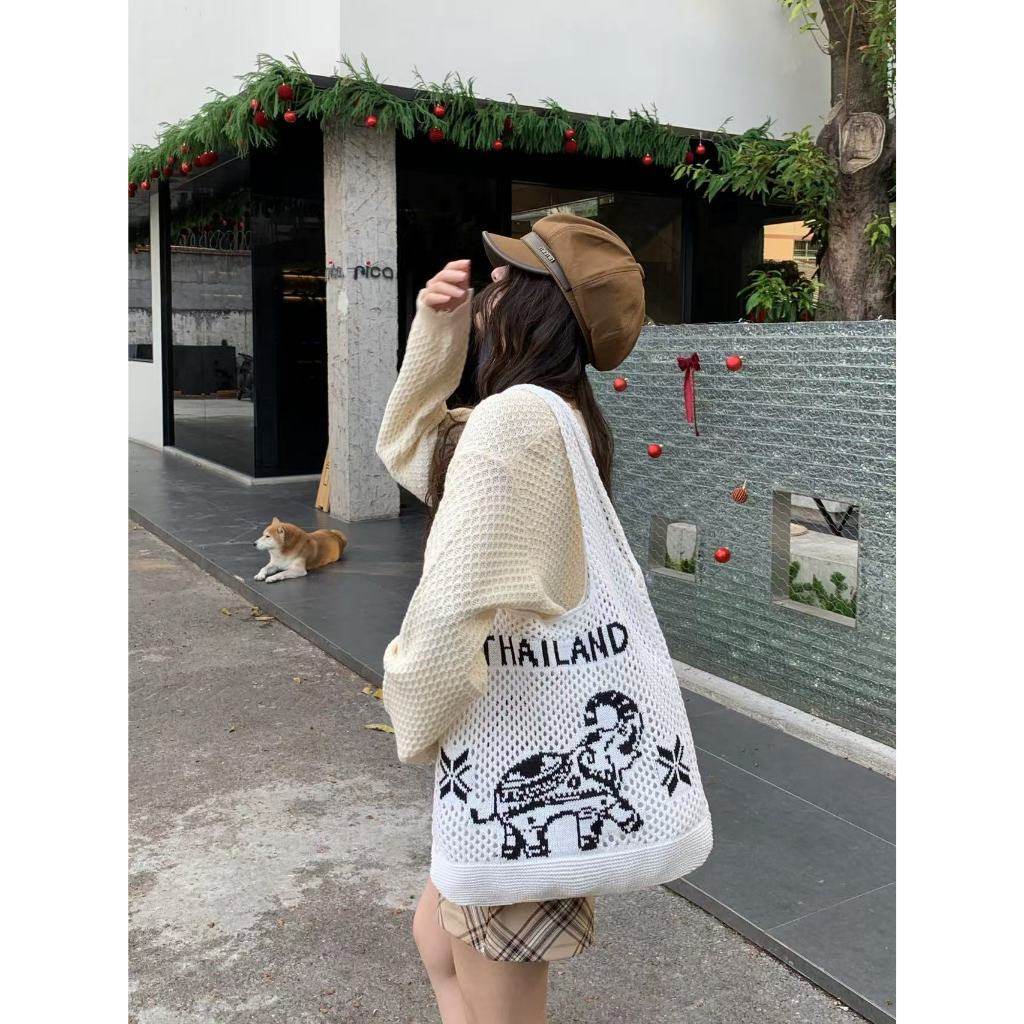 Elephant Pattern Woven Shoulder Bag – Handmade Cotton Rope Tote for Women | 38cm x 40cm with 30cm Strap One-Sake.com khaki white white off white-white off-khaki-