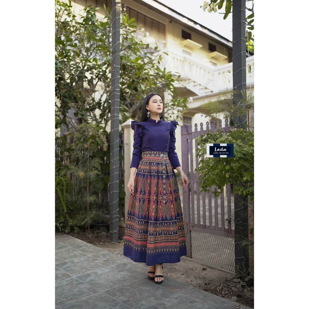 New Long Sleeve Winged Blouse &amp; Tie-Dye Pleated Skirt Set – 4 Colors | Traditional Lanna Cotton Outfit for Women One-Sake.com กรม / L กรม / S กรม / M กรม / S-กรม / M-กรม / L-กรม / XL-แดง / S-แดง / M-แดง / L-แดง / XL-ม่วง / S-ม่วง / M-ม่วง / L-ม่วง / XL-ดำ / S-ดำ / M-ดำ / L-ดำ / XL-