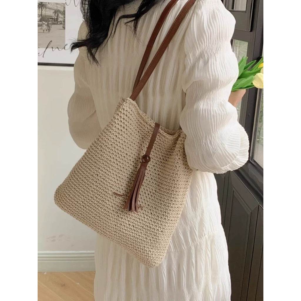 Korean Style Cotton Woven Shoulder Bag for Women – Handmade with Lining &amp; Magnetic Closure | Approx. 30cm x 25cm One-Sake.com khaki white off khaki-white off-