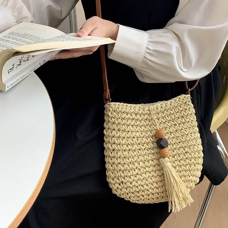 New Retro Tassel Woven Crossbody Bag for Women - Vintage Cotton Rope Shoulder Bag with Leather Strap & Zip Closure, 25cm Width white off