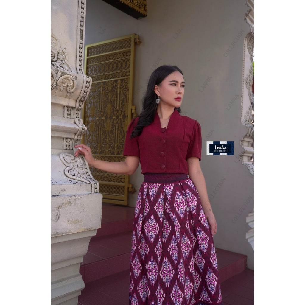 New Stairway to Heaven Cotton Set - 2-Piece Short Sleeve Collar Top with Pleated Skirt in Yellow, Blue & Purple