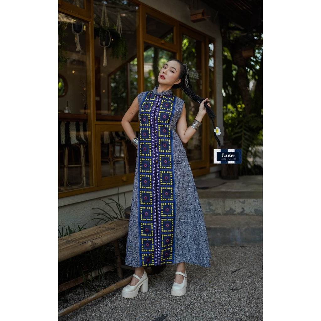 Elegant Long Cotton Cape with Red Mongtajik Pattern – Sleeveless Wrap Style for Women | Hand Wash Only One-Sake.com อก32-36 อก38-40 อก32-36-อก38-40-