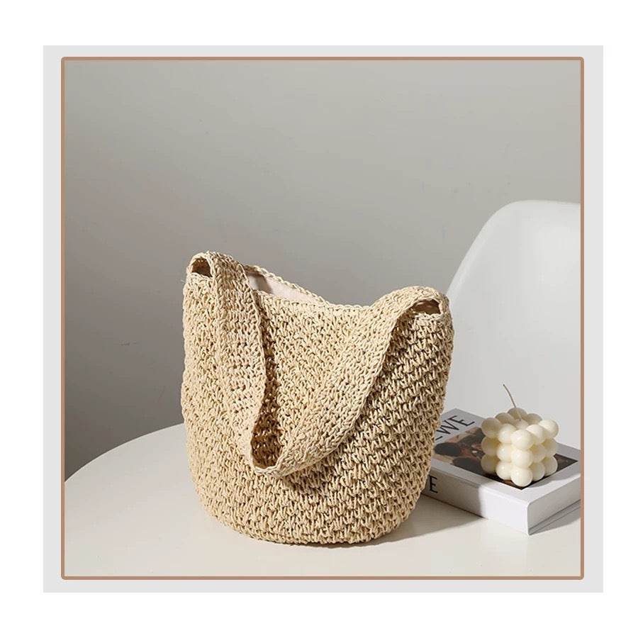 New Korean Style Handwoven Shoulder Bag – Compact Cotton Rope Tote with 35cm Strap | 28cm Width Woven Basket Bag for Daily Wear One-Sake.com สีกากี สีขาวนวล สีกากี-สีขาวนวล-