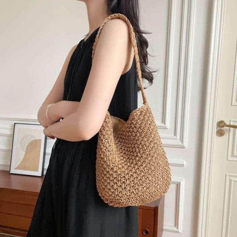 New Korean Handwoven Shoulder Bag – Compact Cotton Rope Tote with 35cm Strap | 28cm Everyday Woven Basket Bag สีกากี