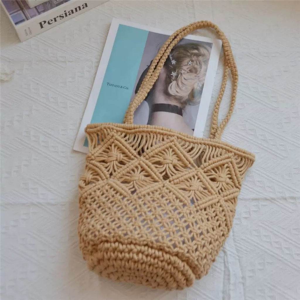 New Korean Style Handwoven Ladies Bag – Cotton Wicker Tote with Inner Pocket | Shoulder Size 28cm for Women One-Sake.com สีกากี สีขาวนวล สีกากี-สีขาวนวล-