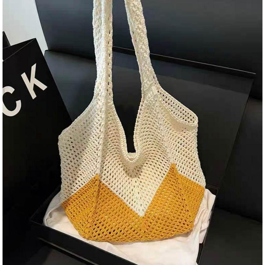 New Korean Style Handwoven Tote Bag – Large Cotton Shoulder Bag with 25cm Strap | Handmade Crafted Design for Women One-Sake.com yellow white off khaki white off-khaki-yellow-