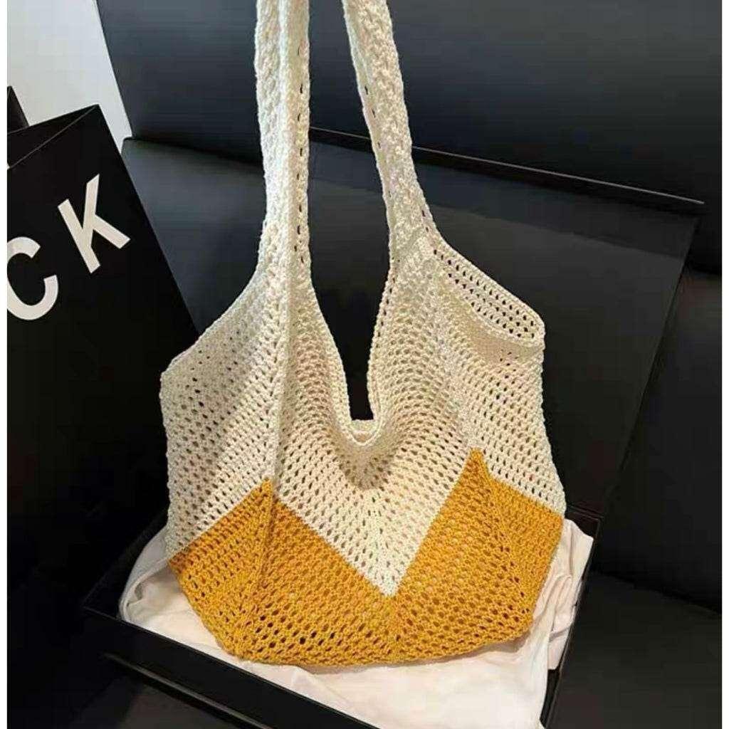 New Korean Handwoven Tote Bag - Large Cotton Shoulder Bag for Women with 25cm Strap | Handmade Design yellow