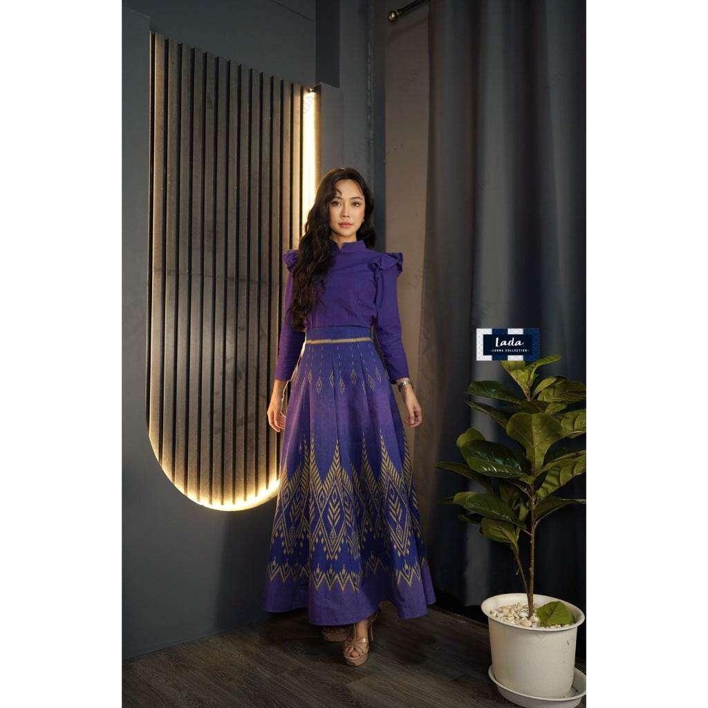 New Pine Pattern Cotton Set - 8-Piece Wing Sleeve Top & Light Purple Ocean Blue Skirt for Women in S–XL Sizes ม่วงอ่อน