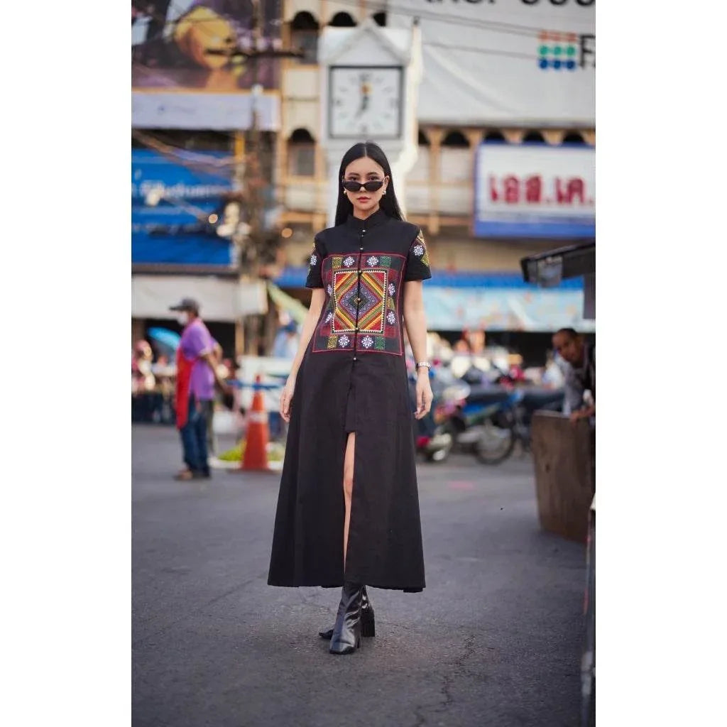 New Black Tai Dam Long Wrap Coat with Polyester Trim | Traditional Thai Cotton Women's Outfit in M & XL Sizes