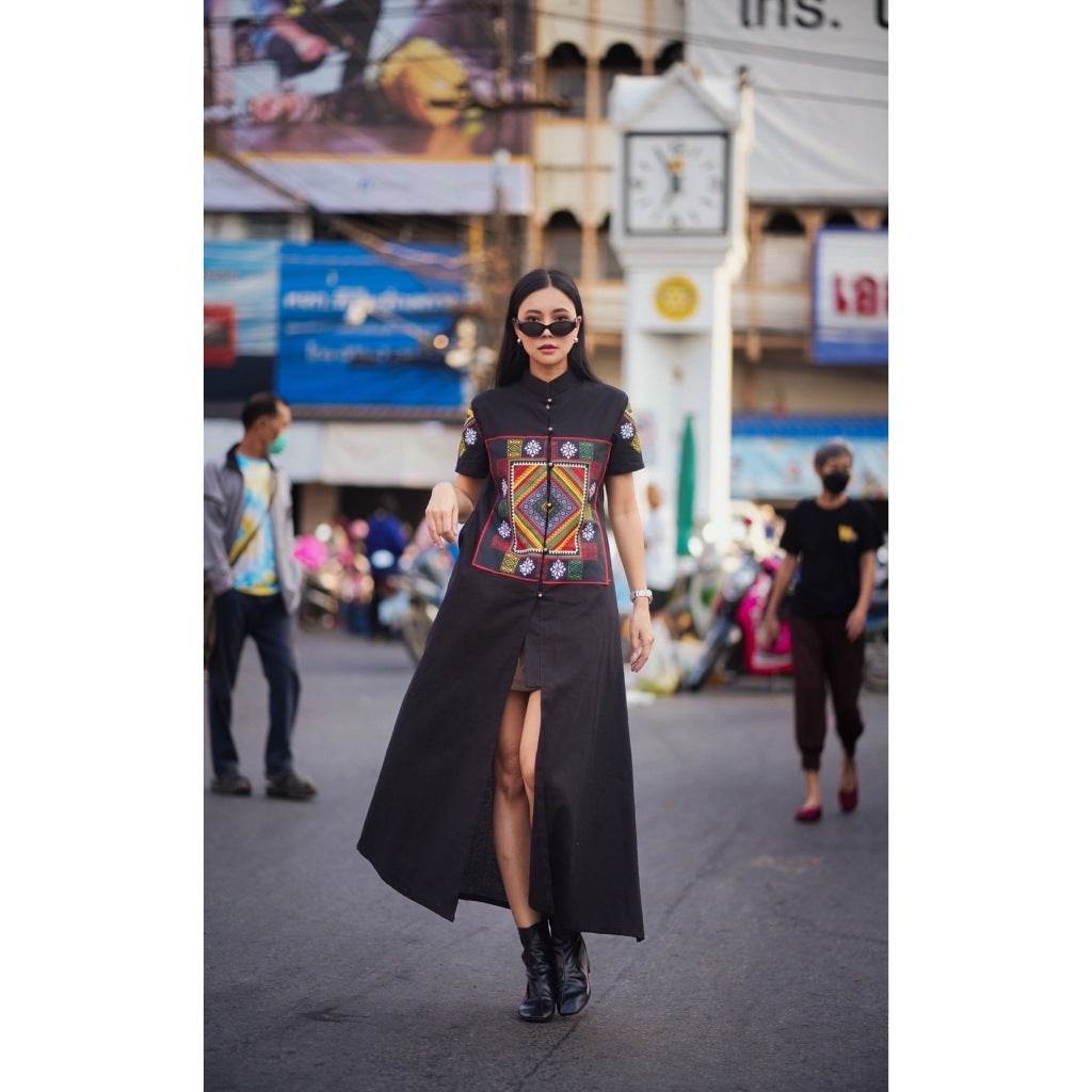 New Black Tai Dam Ethnic Long Wrap Coat – Polyester Trim Detail | Traditional Thai Cotton Outfit for Women – M &amp; XL Sizes One-Sake.com ดำ / อก32-36 ดำ / อก38-40 ดำ / อก32-36-ดำ / อก38-40-