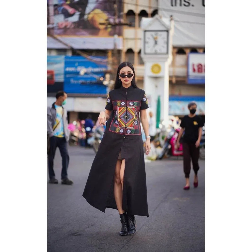 New Black Tai Dam Long Wrap Coat with Polyester Trim | Traditional Thai Cotton Women's Outfit in M & XL Sizes