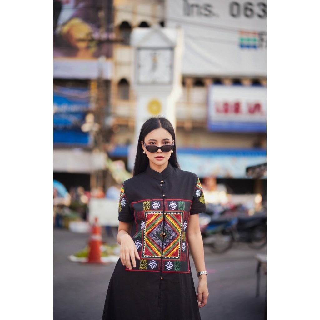 New Black Tai Dam Ethnic Long Wrap Coat – Polyester Trim Detail | Traditional Thai Cotton Outfit for Women – M &amp; XL Sizes One-Sake.com ดำ / อก32-36 ดำ / อก38-40 ดำ / อก32-36-ดำ / อก38-40-