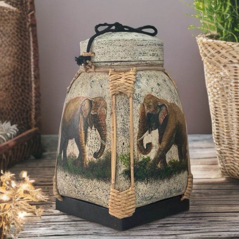 Lanna style bamboo storage box with elephant artwork and woven detailing for kitchen use