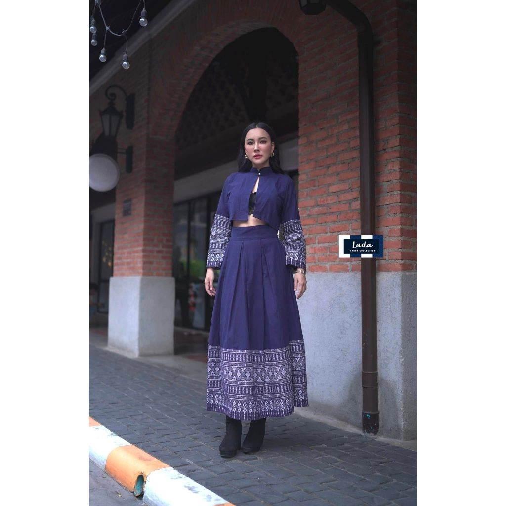 New Arrival Mandarin Collar Wrap Top Set and Pleated Skirt in Cotton with Khor Pattern for Modest Fashion Enthusiasts