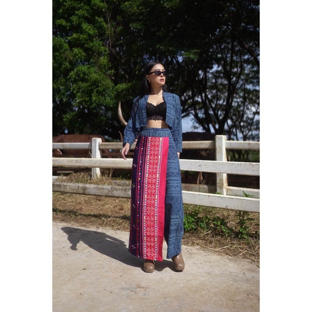Batik-Inspired Women Outfit: Cotton Wrap Top and High-Waisted Pants Set in S–XL Sizes with Embroidered Ethnic Print