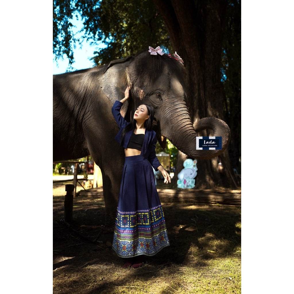 Elegant Swirl Pattern Wrap Top &amp; Pleated Skirt Set – Navy Blue Polyester &amp; Cotton Outfit for Women | S–XL Sizes One-Sake.com L S M S-M-L-XL-