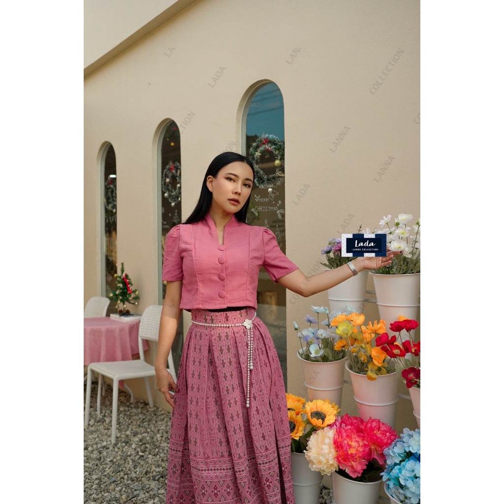 New Pink Piku Flower Print Skirt with 2 Top Styles – Cotton 2-Piece Set | S–XL Sizes for Women One-Sake.com คอปีนแขนสั้น / L คอปีนแขนสั้น / S คอปีนแขนสั้น / M คอปีนแขนสั้น / S-คอปีนแขนสั้น / M-คอปีนแขนสั้น / L-คอปีนแขนสั้น / XL-ครอปจิตรลดาระบายเล็ก / S-ครอปจิตรลดาระบายเล็ก / M-ครอปจิตรลดาระบายเล็ก / L-ครอปจิตรลดาระบายเล็ก / XL-