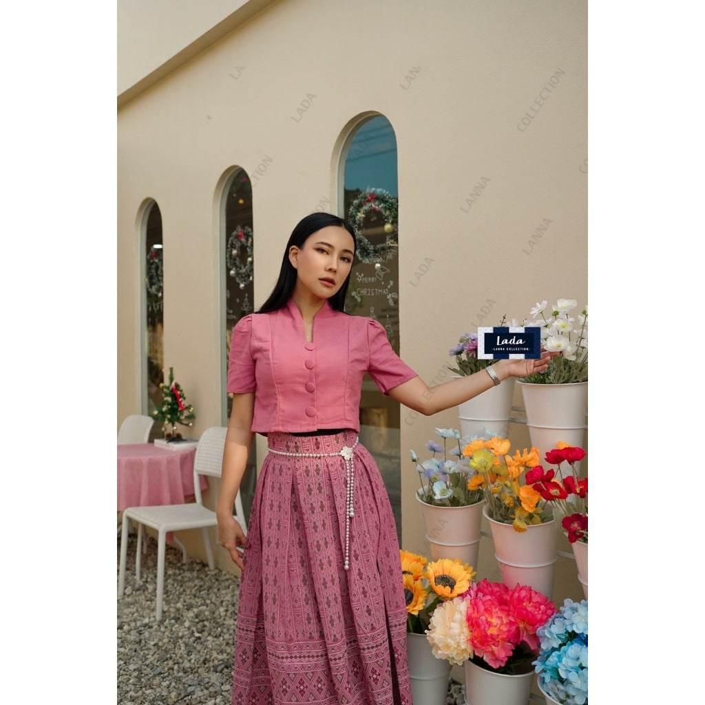 New Pink Flower Print Skirt Set - Women's Cotton Two-Piece Outfit | Sizes S–XL คอปีนแขนสั้น