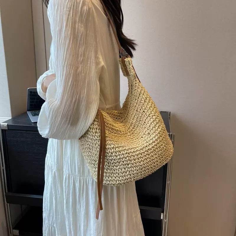 Korean Style Handwoven Cotton Tote Bag – Adjustable Long Strap &amp; Lining | Approx. 21cm x 30cm with 60cm Strap One-Sake.com khaki white off khaki-white off-