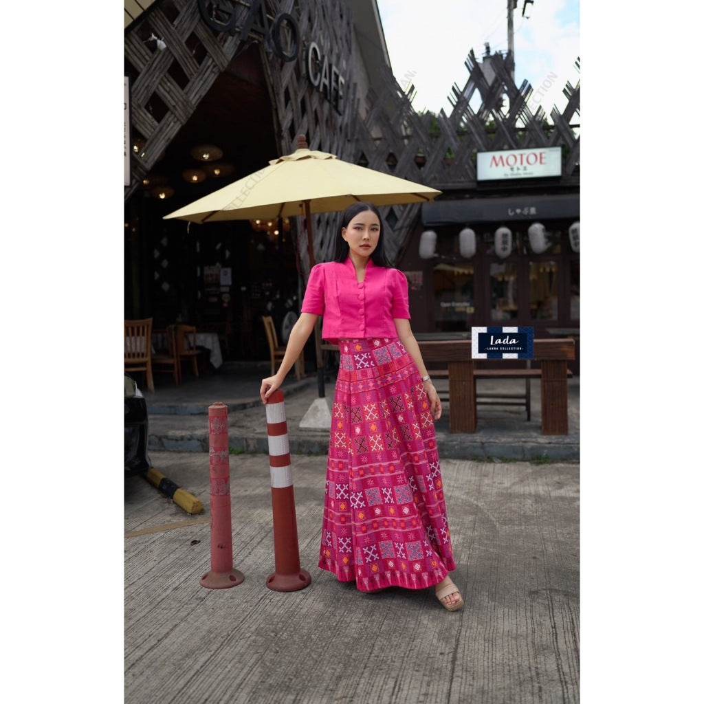 New Hmong-Inspired Cotton 2-Piece Set – Collar Short Sleeve Top &amp; 6-Piece Pleated Skirt in Navy, Lilac &amp; Red | S–XL Sizes for Women One-Sake.com แดง / L แดง / S แดง / M แดง / S-แดง / M-แดง / L-แดง / XL-บานเย็น / S-บานเย็น / M-บานเย็น / L-บานเย็น / XL-น้ำเงิน / S-น้ำเงิน / M-น้ำเงิน / L-น้ำเงิน / XL-