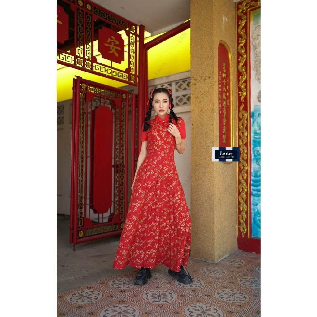 New Arrival 8-Piece Pleated Skirt Set with Mandarin Blouse | Cotton Peony Pattern for Lunar New Year & Special Events