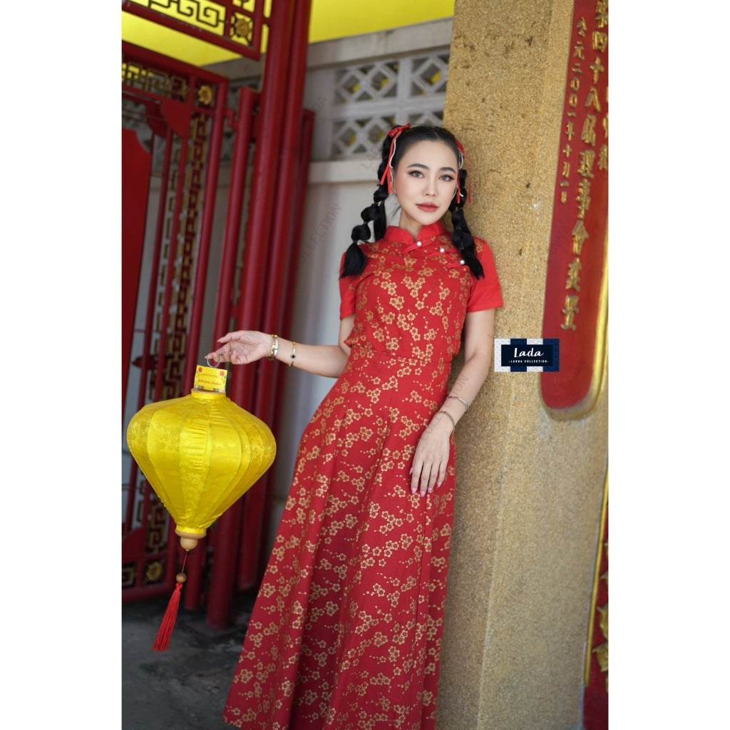 New Arrival: 8-Piece Pleated Skirt Set with Mandarin Style Blouse | Cotton Fabric in牡丹 Pattern for Lunar New Year & Special Occasions One-Sake.com L S M S-M-L-XL-