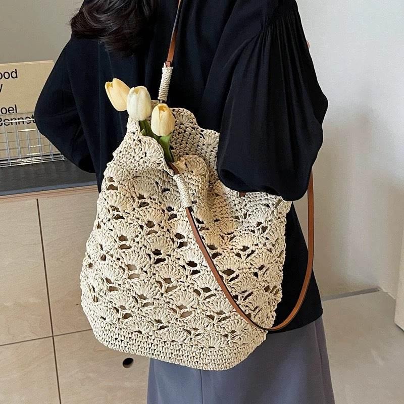 New Handwoven Women’s Shoulder Bag with Leather Strap - 33cm Wide Cotton Rope Tote for Daily Use
