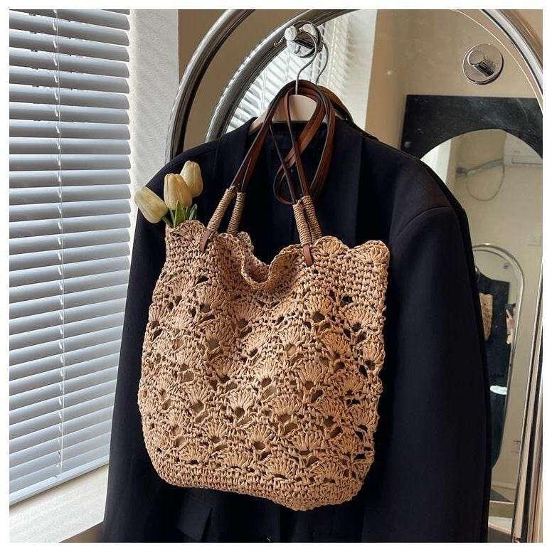 New Handwoven Women’s Shoulder Bag with Leather Strap - 33cm Wide Cotton Rope Tote for Daily Use