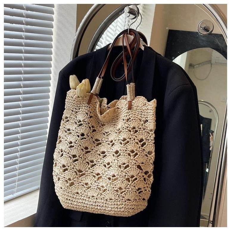 New Handwoven Women’s Shoulder Bag with Leather Strap &amp; Zip Closure – Approx. 33cm Width | Cotton Rope Woven Tote for Daily &amp; Casual Wear One-Sake.com khaki white off khaki-white off-
